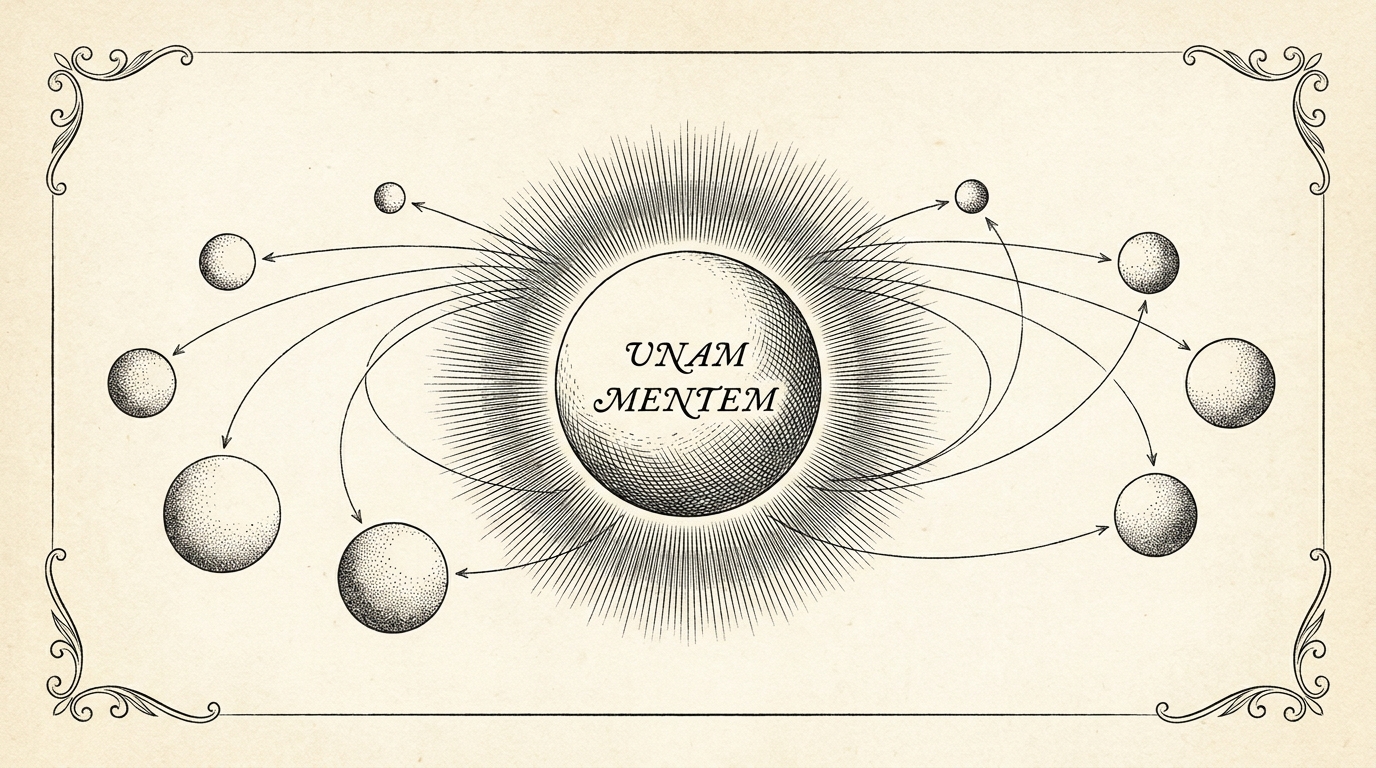 A monochrome copperplate-style engraving — a central radiant orb inscribed "Unam Mentem," connected by fine engraved lines to eight smaller orbs arranged around it, on aged cream paper within an ornamental border.